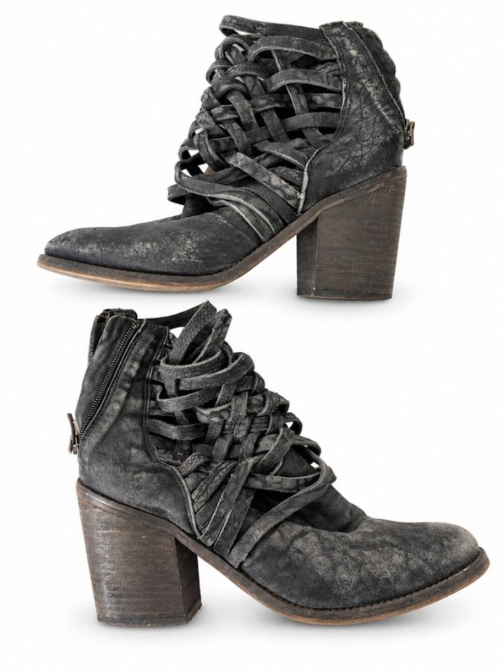 Free People Charcoal Distressed Lace Up Cutout Heeled Booties EU 37
